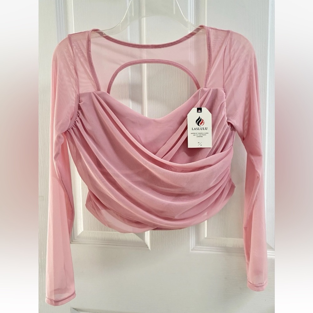 NWT Laslulu Pink Mesh Long Sleeve Workout Crop Top Double Lined Open Back Size L